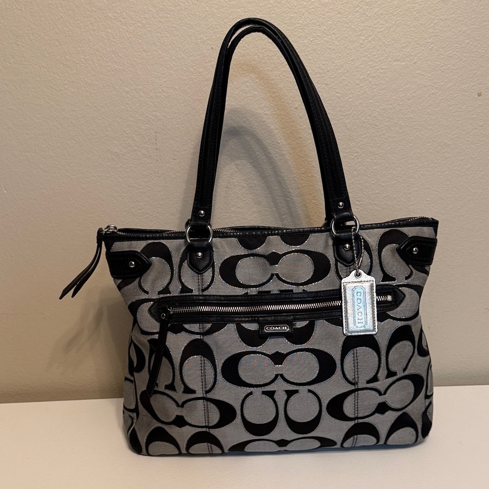 Coach Signature Black and Gray Patterned Tote w/Leather Trim